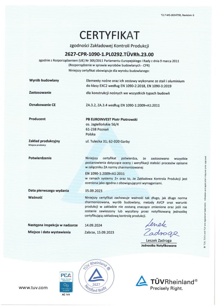 Certyfikat EN-1090-PB Euroinvest