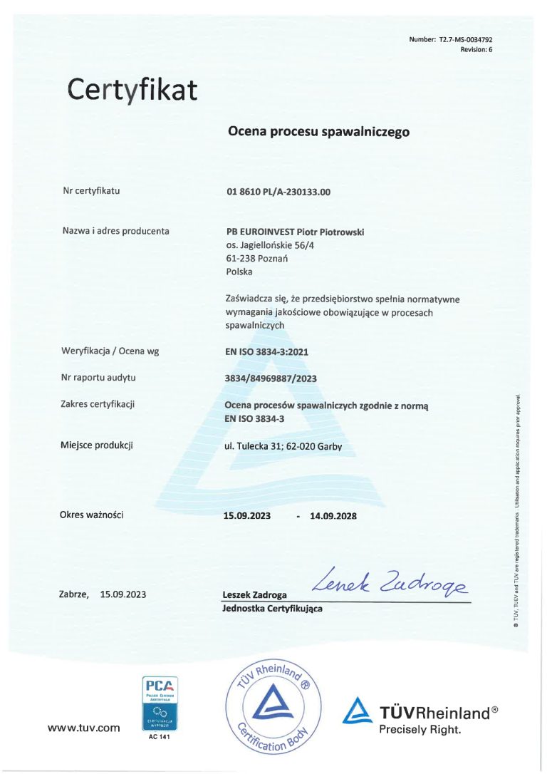 Certyfikat EN-ISO-3834 Euroinvest